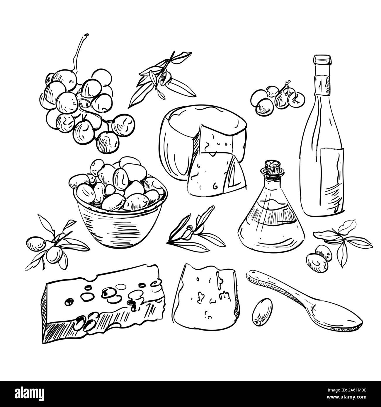 Set di disegnati a mano il cibo di olio di oliva e il formaggio differenti Illustrazione Vettoriale