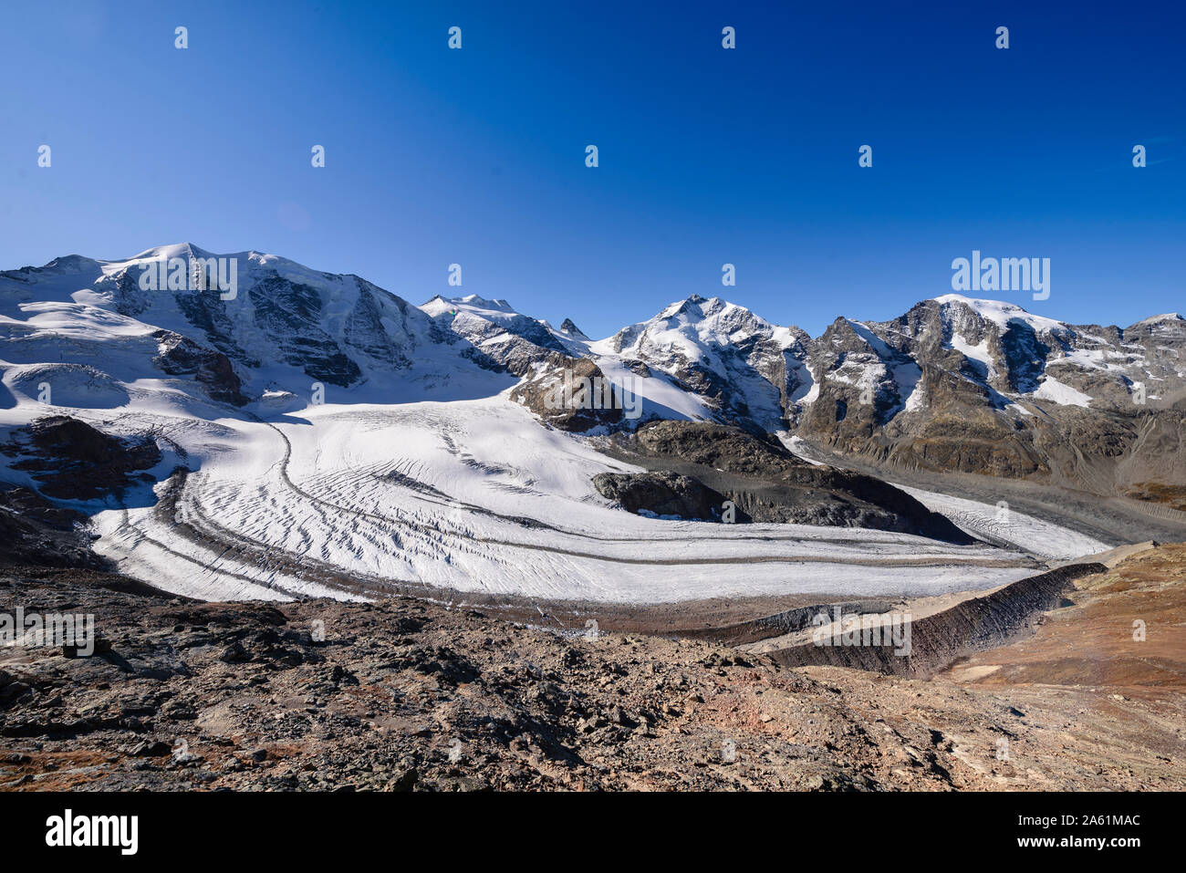 Panorama vom Gletscher an der a monte Bergstation Diavolezza, Pontresina, Grigioni, Schweiz Foto Stock
