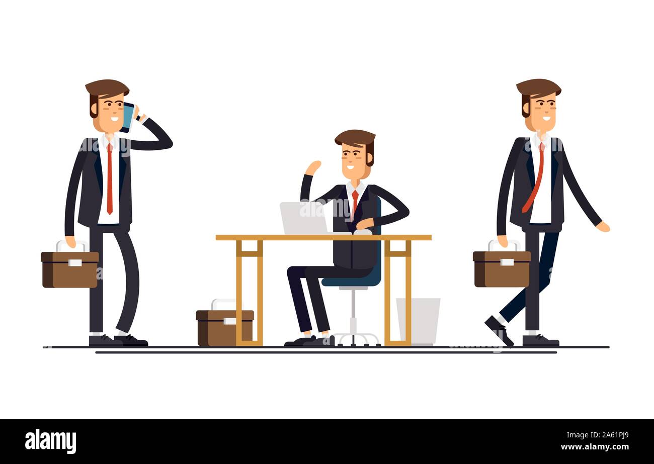 Vettore moderno design piatto illustrazione sul maschio business man in pose diverse.imprenditore la navigazione a piedi il suo dispositivo mobile, lavorando sul desktop comput Illustrazione Vettoriale