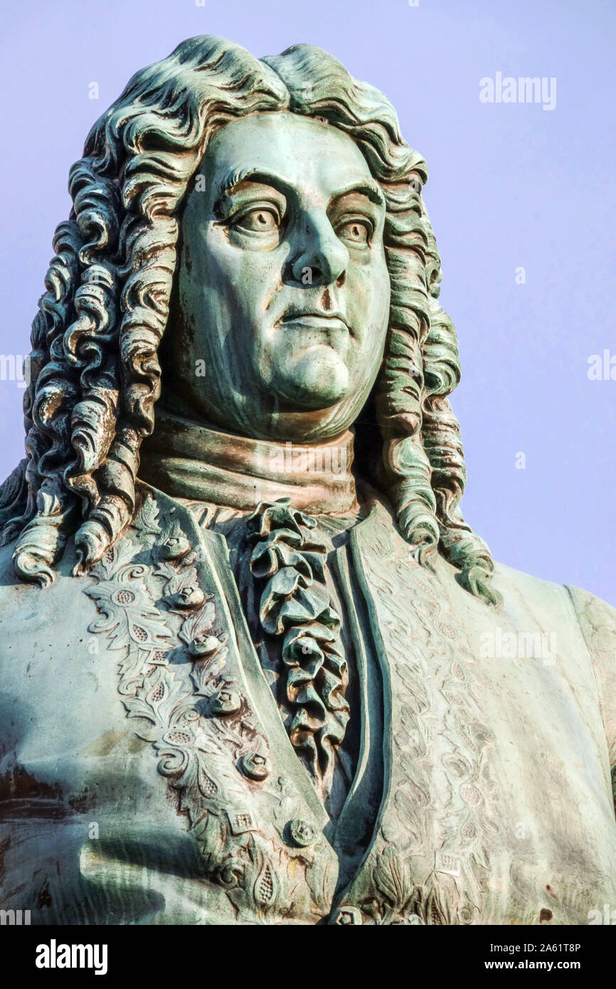 Halle-Saale, ritratto di George Frideric Handel dettaglio della statua Germania Foto Stock