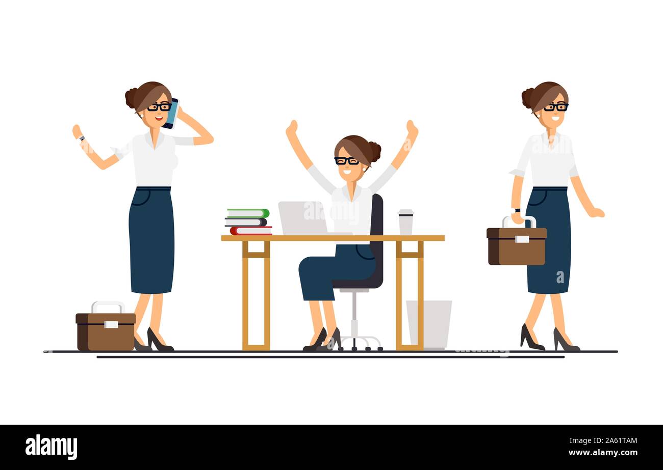 Vettore moderno design piatto illustrazione sulla femmina donna di affari in pose diverse. Business Woman la navigazione a piedi il suo dispositivo mobile, lavorando sul deskto Illustrazione Vettoriale