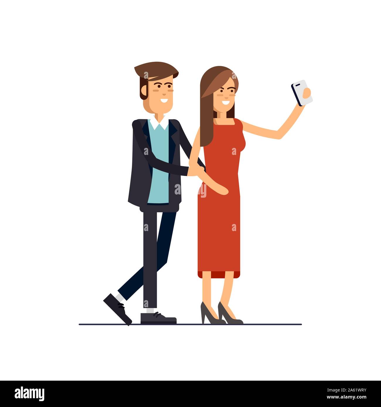 Cool flat character design sul giovane hipster giovane in piedi in posa insieme a lunghezza piena di scattare le foto con il mobile smart phone dispositivo. Giovane prendendo se Illustrazione Vettoriale