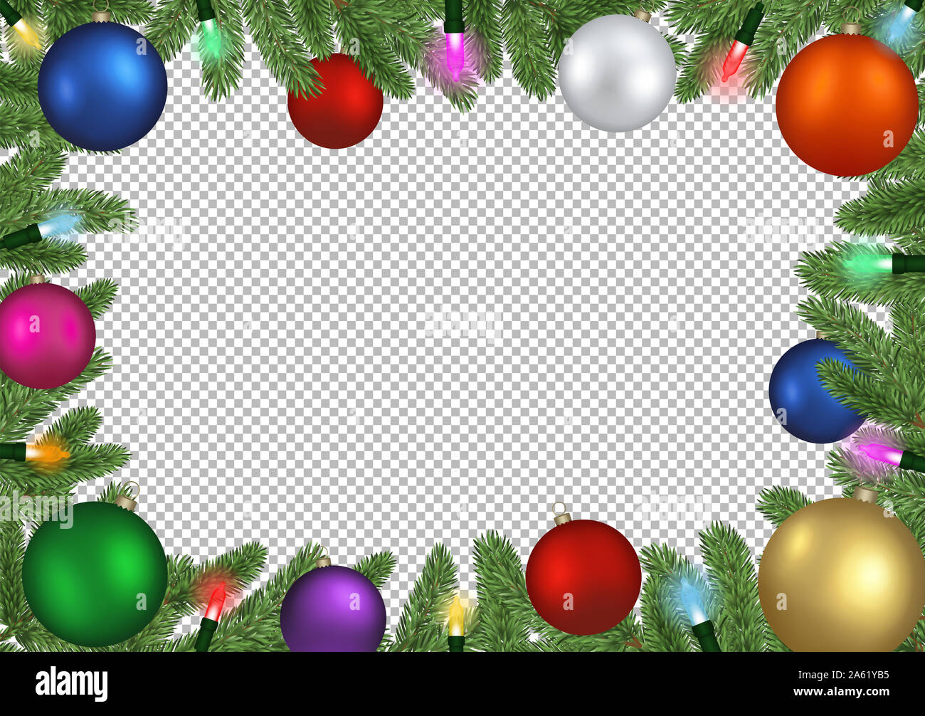 Telaio di Natale sfondo con rami di pino, palle di Natale e le luci di Natale Foto Stock