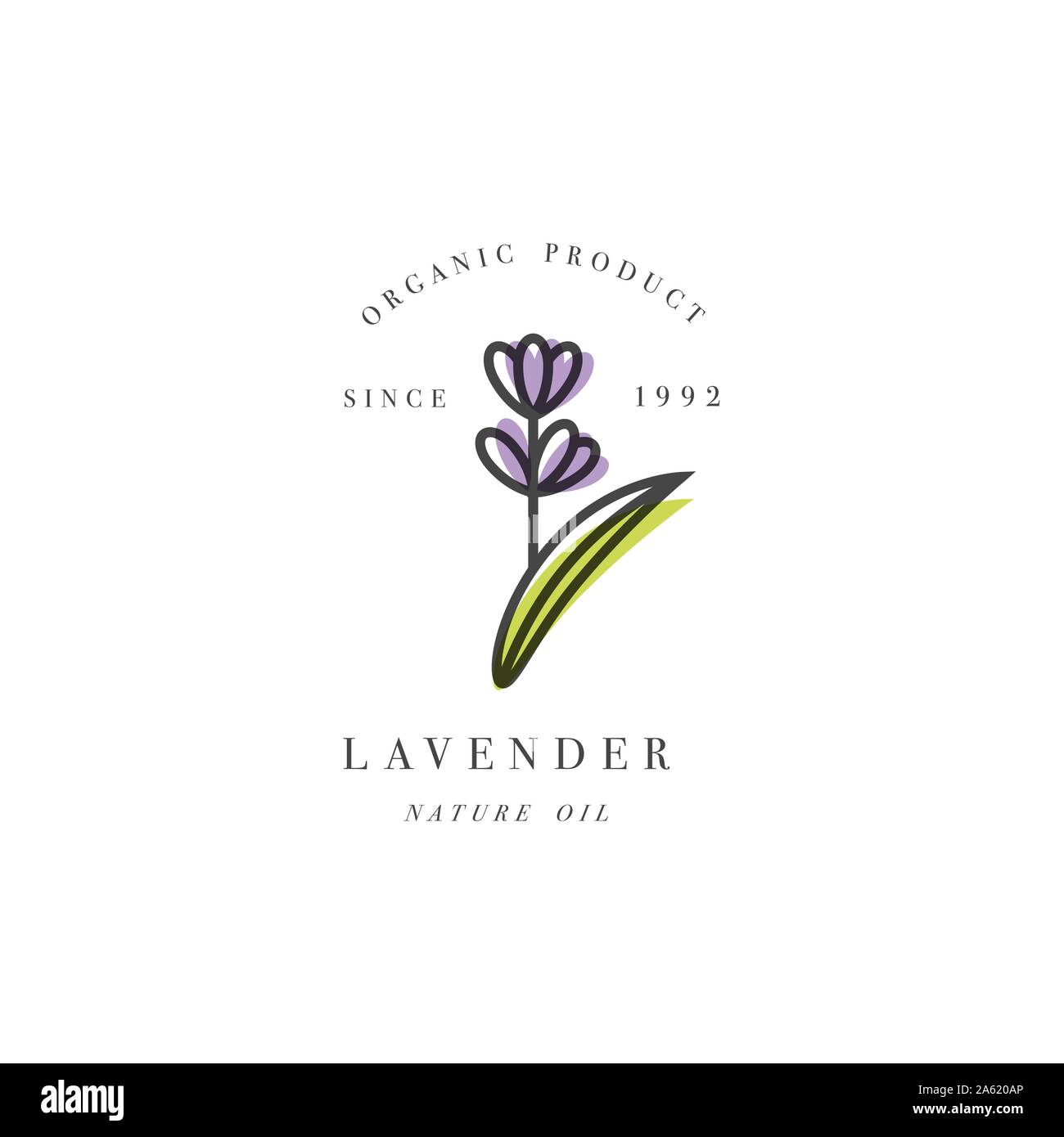 Set di vettore di packaging design template ed emblema - di bellezza e cosmetici - olio di lavanda. Logo in elegante stile lineare Illustrazione Vettoriale