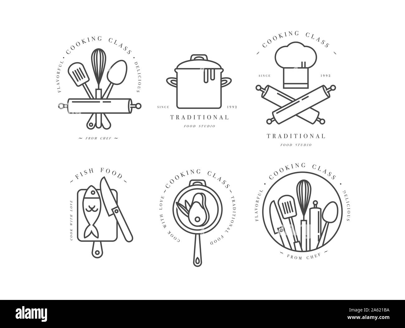 Classe di Cucina lineare elementi di design, set da cucina emblemi, simboli o icone di studio alimentare etichette e contrassegni collezione. Corsi di cucina corsi di segni templa Illustrazione Vettoriale