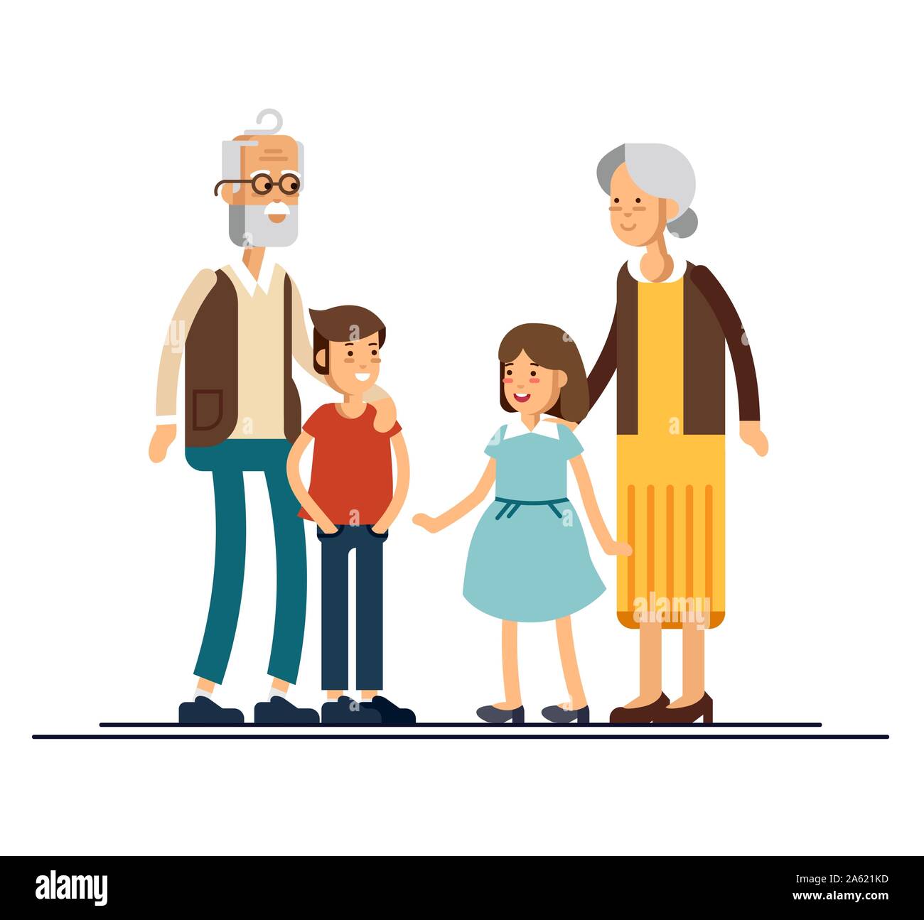 Nonni con i nipoti vettore design piatto illustrazione. I parenti in piedi insieme. Nonna, nonno ed i fratelli. La famiglia felice char Illustrazione Vettoriale