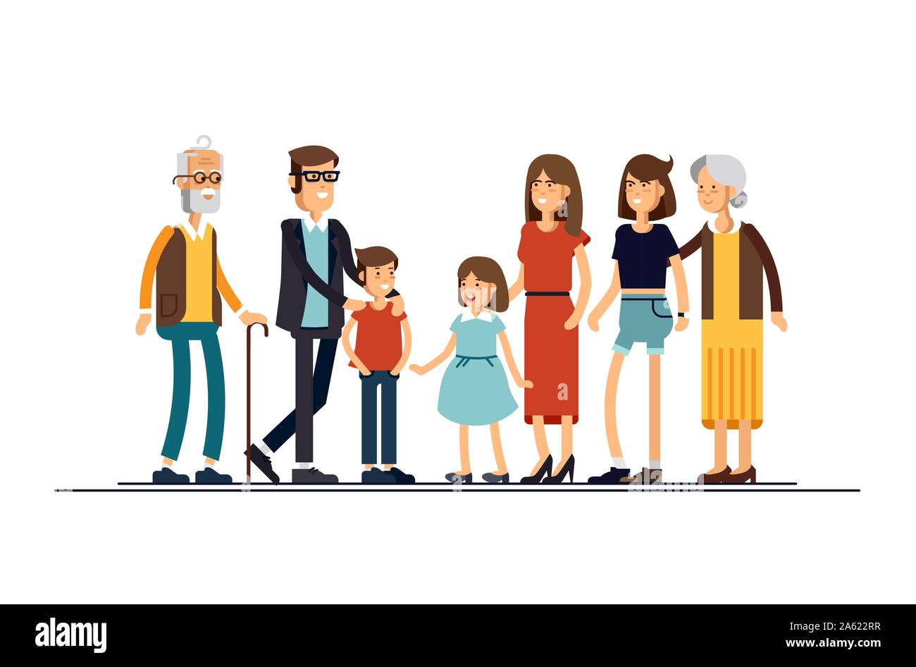 Grande e moderno vettore di famiglia design piatto illustrazione. I parenti in piedi insieme. Nonni, madre, padre, fratelli. La famiglia felice caratteri Illustrazione Vettoriale