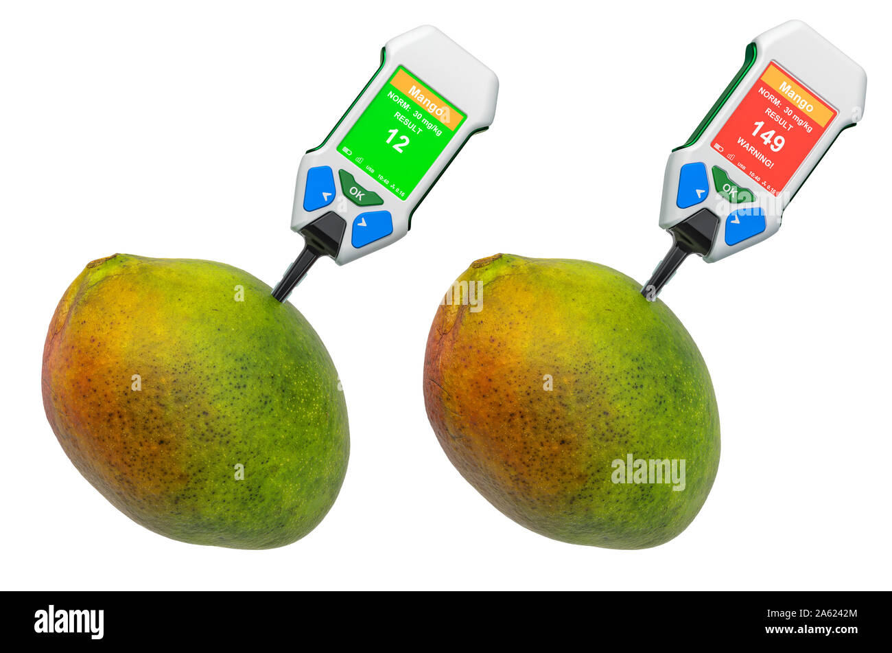 Tester di nitrato con mango. La misurazione dei livelli di nitrati in mango, gamma normale e superiore a norma. 3D rendering isolati su sfondo bianco Foto Stock