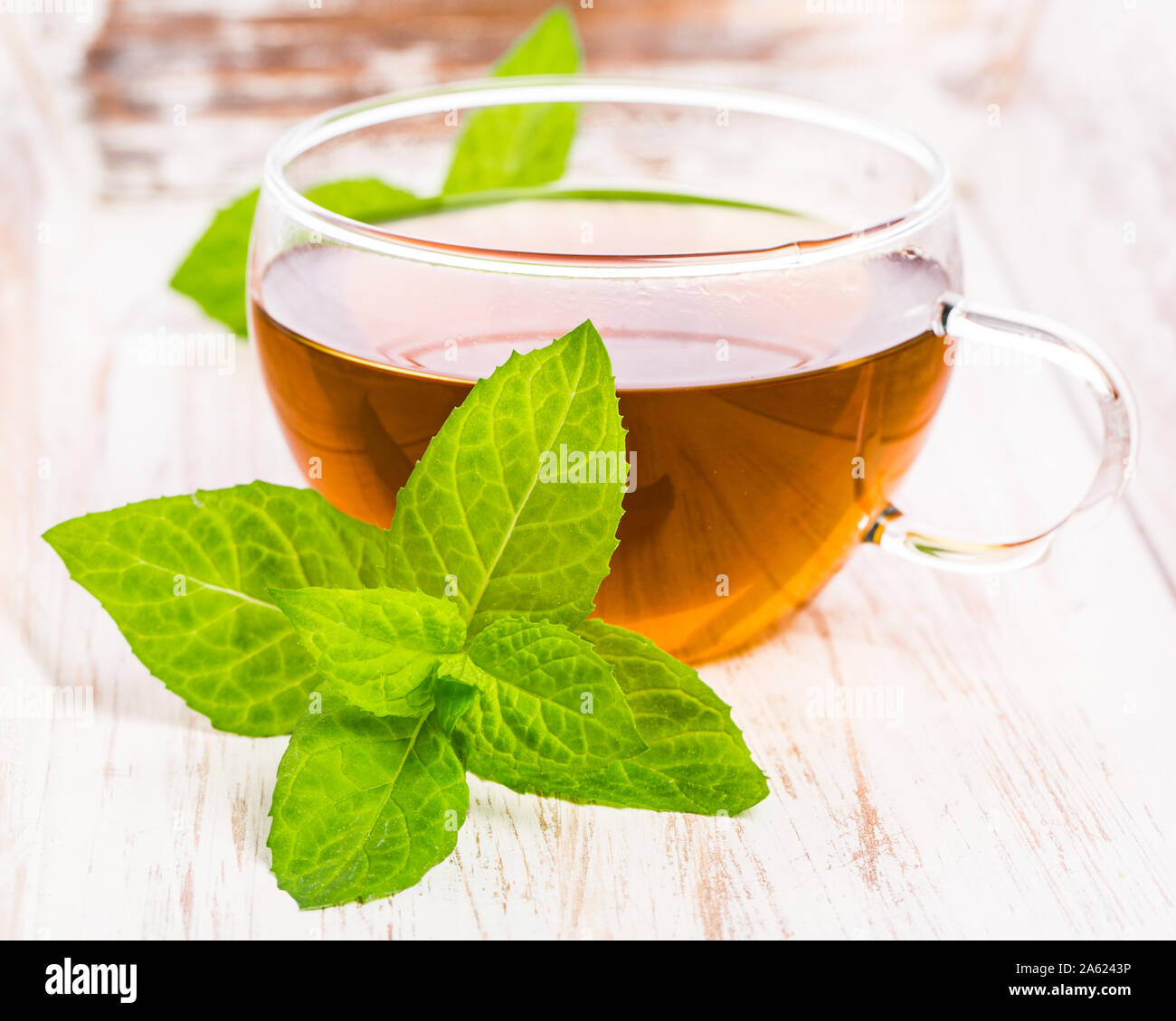 Mint (Mentha) tè sulla luce sullo sfondo di legno Foto Stock