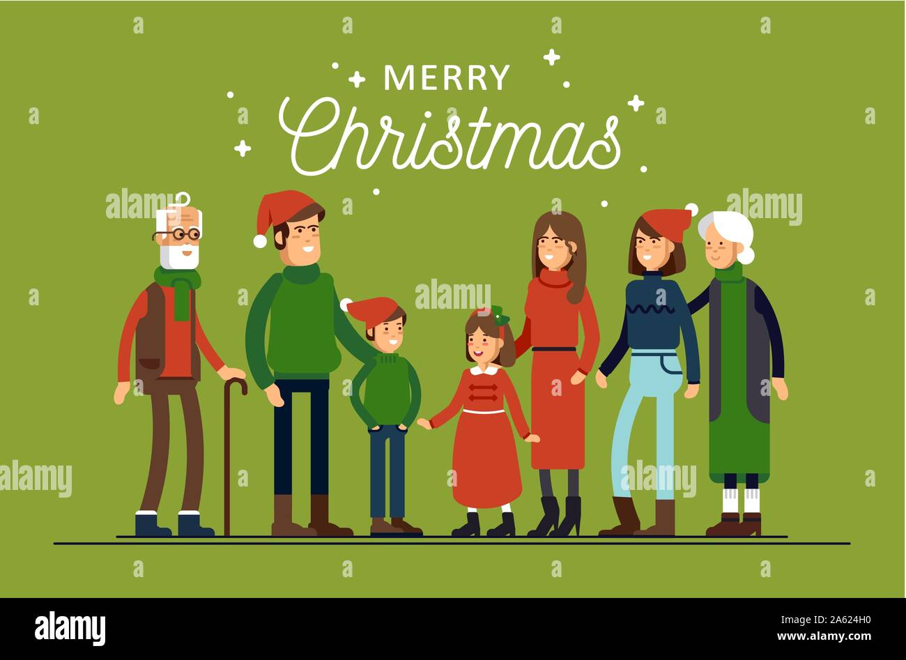 Grande famiglia felice in cappelli di Natale hanno avvolgente. I genitori con bambini in piedi insieme azienda ogni altro. Celebrazione di inverno Illustrazione Vettoriale
