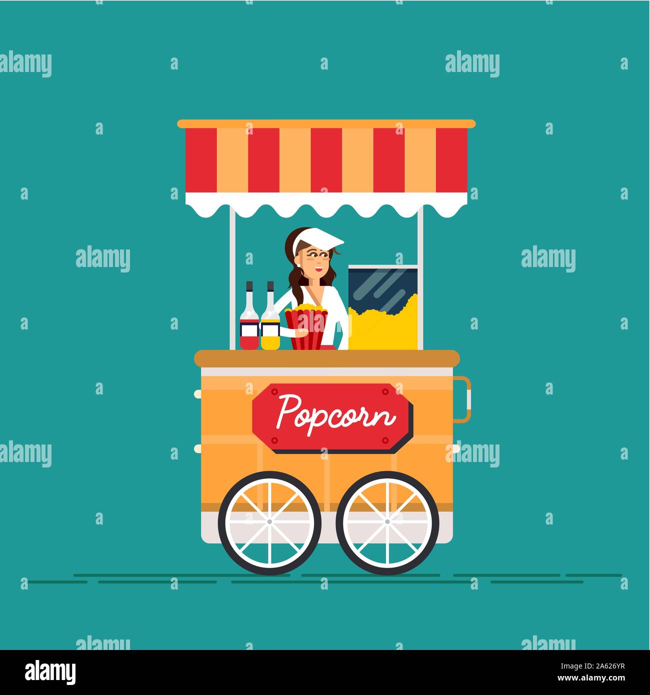 Creative dettagliata illustrazione vettoriale sul cibo di strada carrello distributore automatico di pop-corn macchina e con il venditore. Coppia giovane acquistare popcorn. Illustrazione Vettoriale