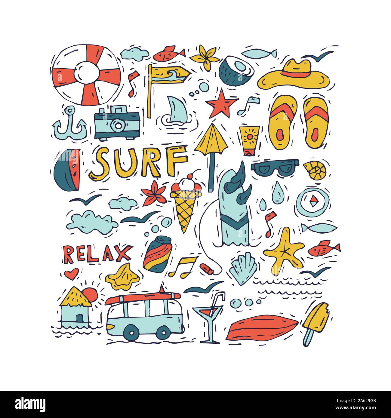 Collezione di icone per il surf e le vacanze estive per il tuo design. Turismo e tema vacanza. Illustrazione Vettoriale