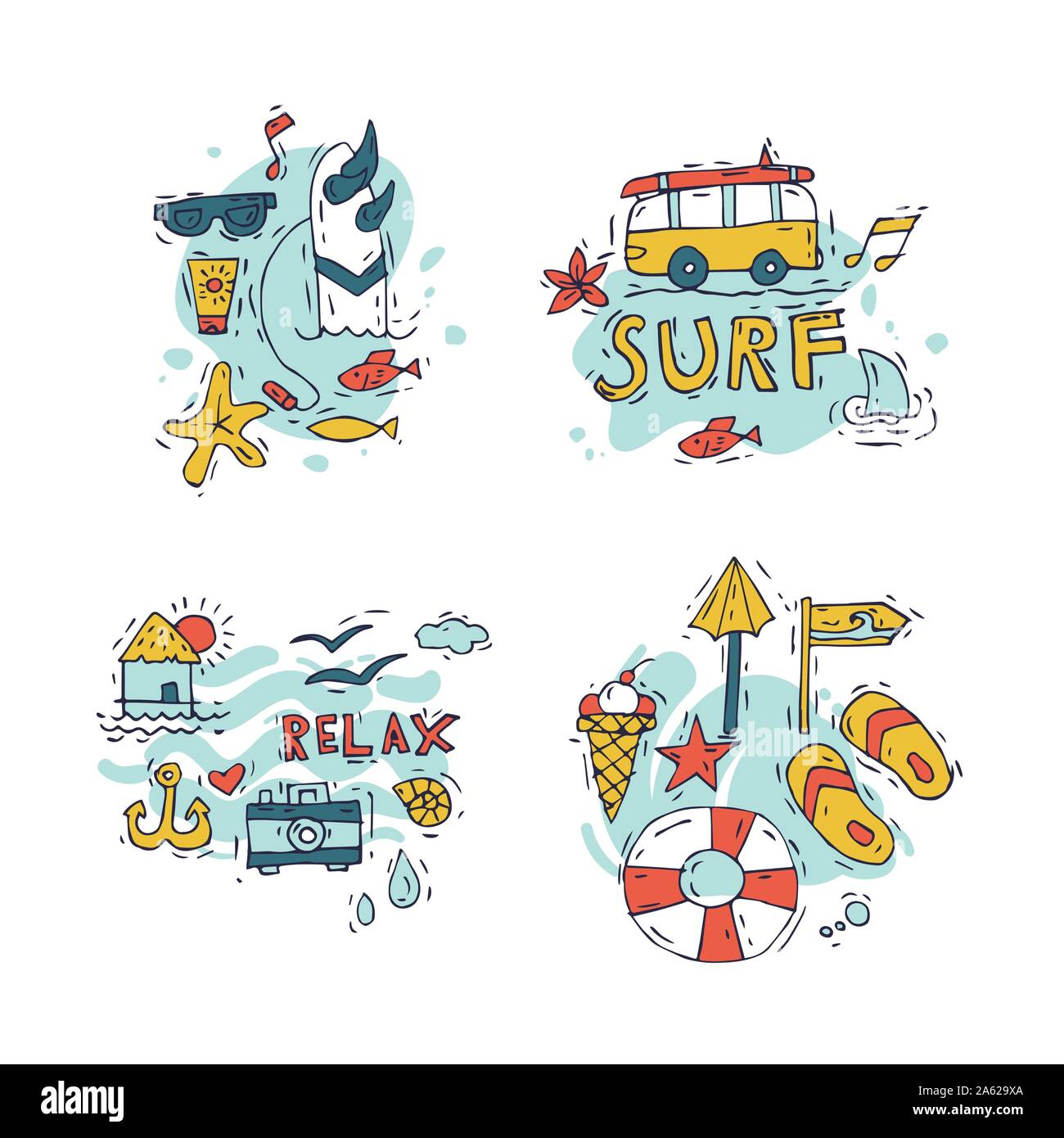 Collezione di icone per il surf e le vacanze estive per il tuo design. Turismo e tema vacanza. Illustrazione Vettoriale