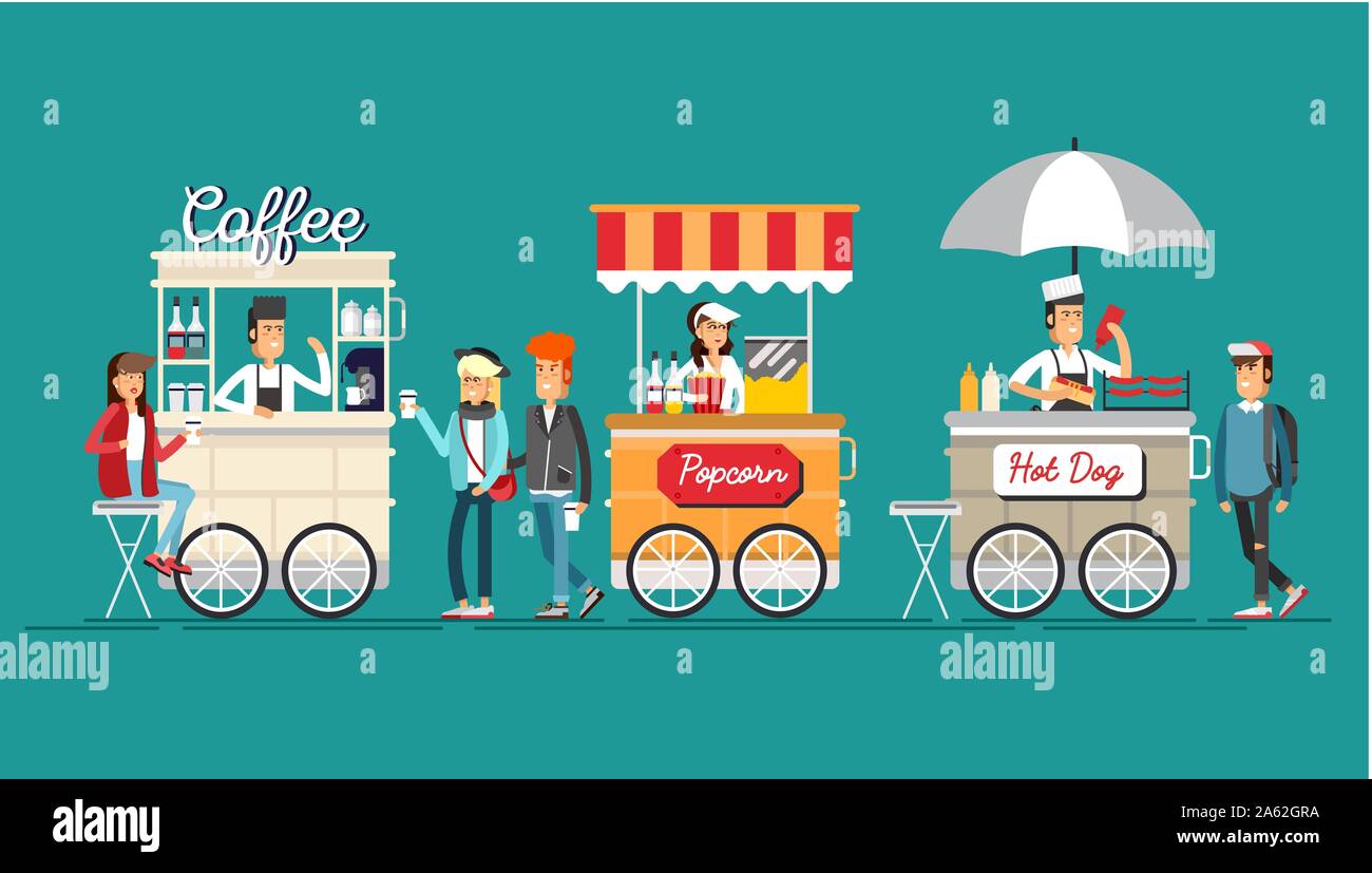 Carrello per bici da caffè di strada creativo e dettagliato Illustrazione Vettoriale
