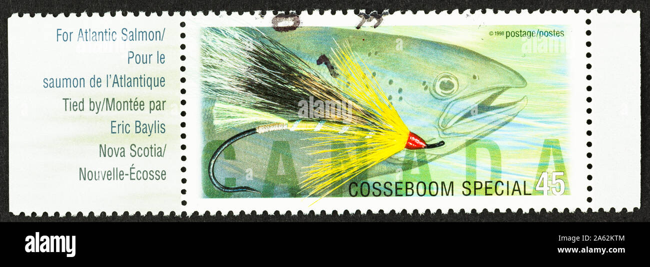 Affrancatura canadese che commemora la specialità di mosche legato da abili artigiani. Speciale Cosseboom volare e immagine del salmone atlantico. Emesso nel 1998. Foto Stock