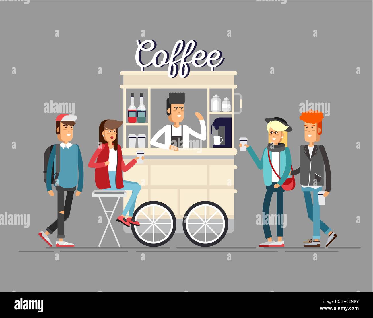 Carrello per bici da caffè di strada creativo e dettagliato Illustrazione Vettoriale