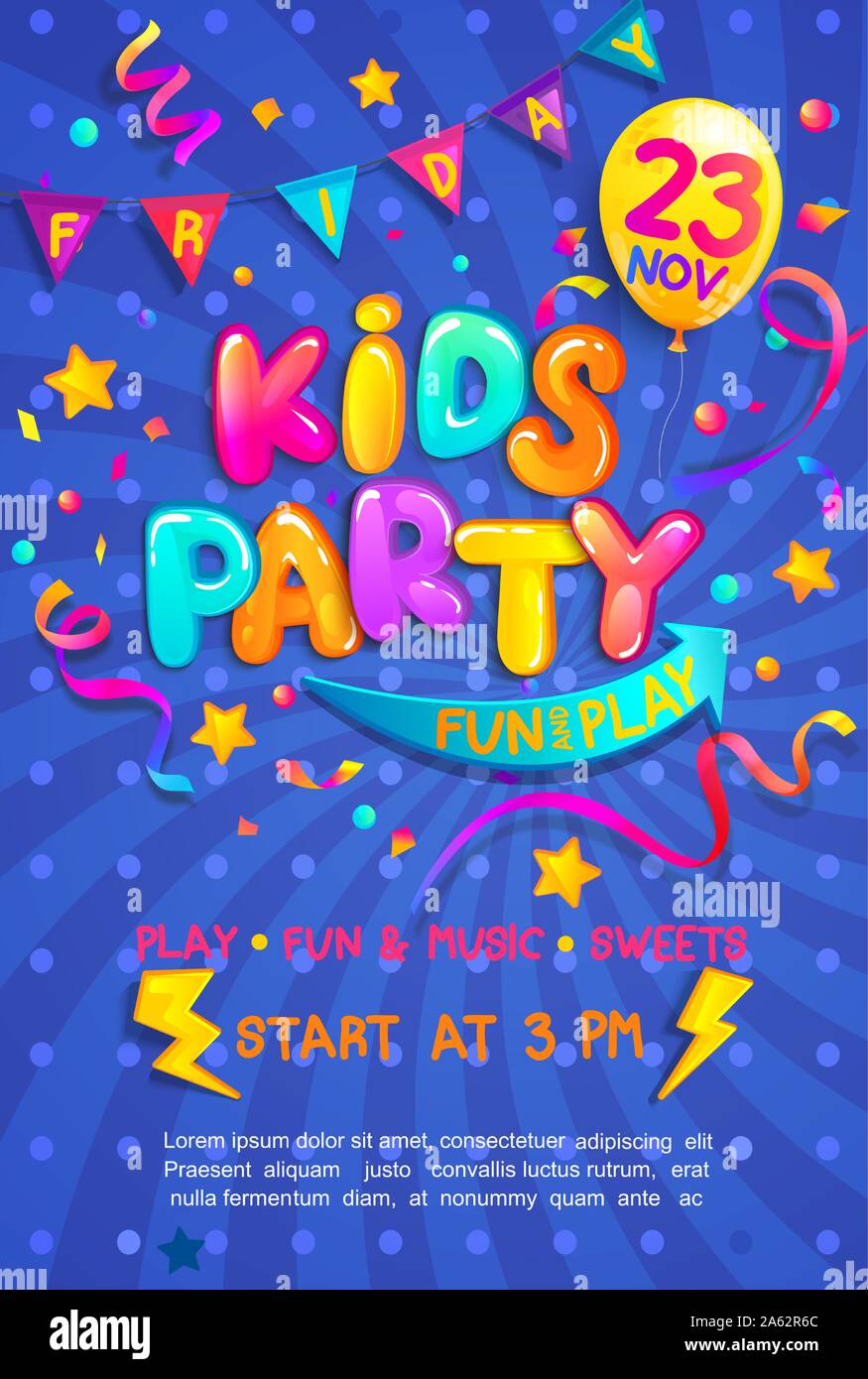 Kids party invito verticale banner. Illustrazione Vettoriale