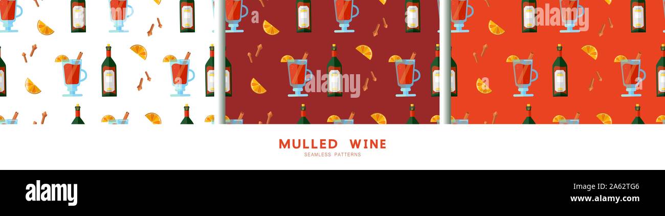 Set di coloratissimi modelli senza giunture con vin brulé, spezie, fettine di arancia e vino rosso bottiglia. Infinite texture. La carta da parati, positivo anno nuovo tessuto pr Illustrazione Vettoriale