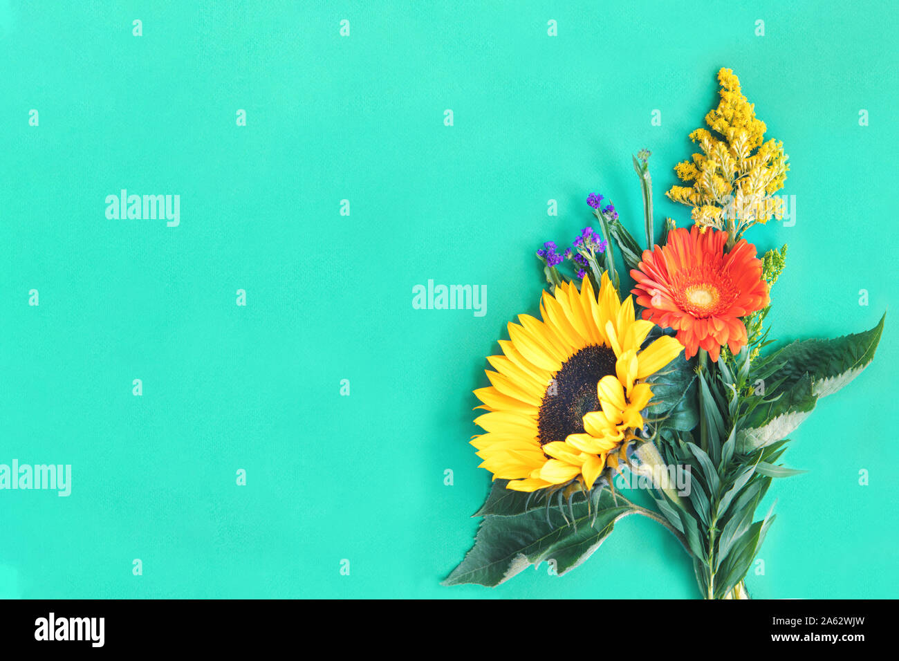 Bouquet di differenti luminoso fresco coloratissimi fiori estivi giacente sul trendy Sfondo menta. Flet stile di laici. Copia dello spazio. Foto Stock