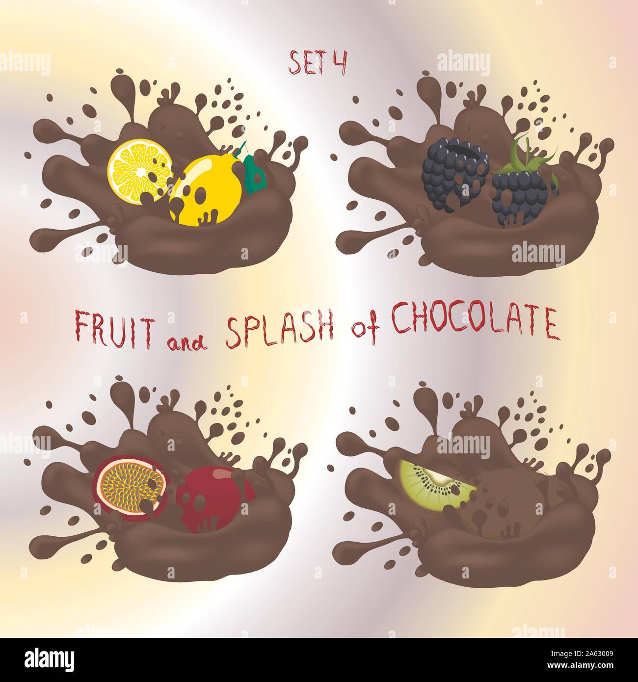 Icona vettore logo per kiwi, limone, blackberry,frutto della passione, splash di discesa del cioccolato marrone.Kiwi modello di schizzi di gocciolamento di cioccolato di flusso.mangiare dolci kiwi Illustrazione Vettoriale