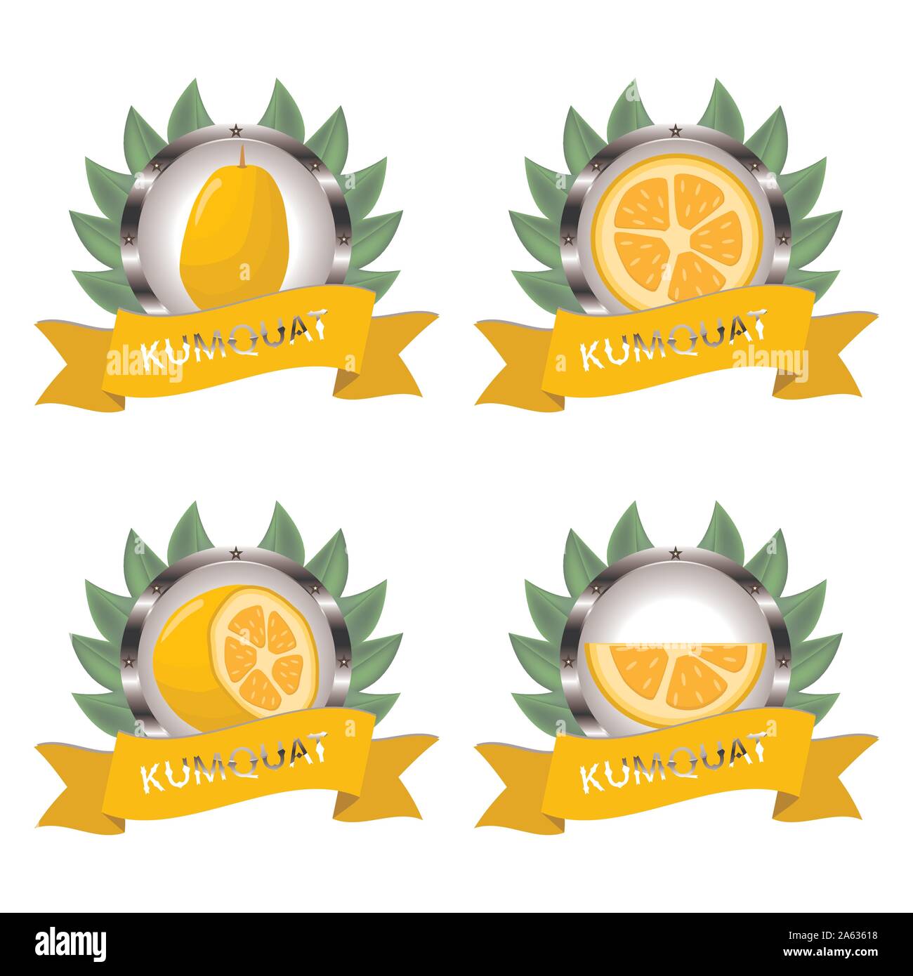 Abstract icona vettore illustrazione logo per gli agrumi kumquat, fetta mezza pera. Kumquat disegno costituito da etichetta in carta naturale, agrumi cibo. Mangiare Illustrazione Vettoriale