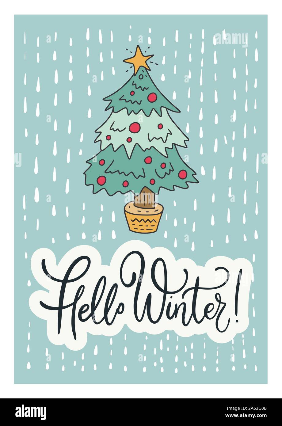 Vettore d'inverno card. Disegnata a mano Merry Christmas Cartoon Doodle arte con scritte preventivo - Ciao inverno e abete. Illustrazione Vettoriale
