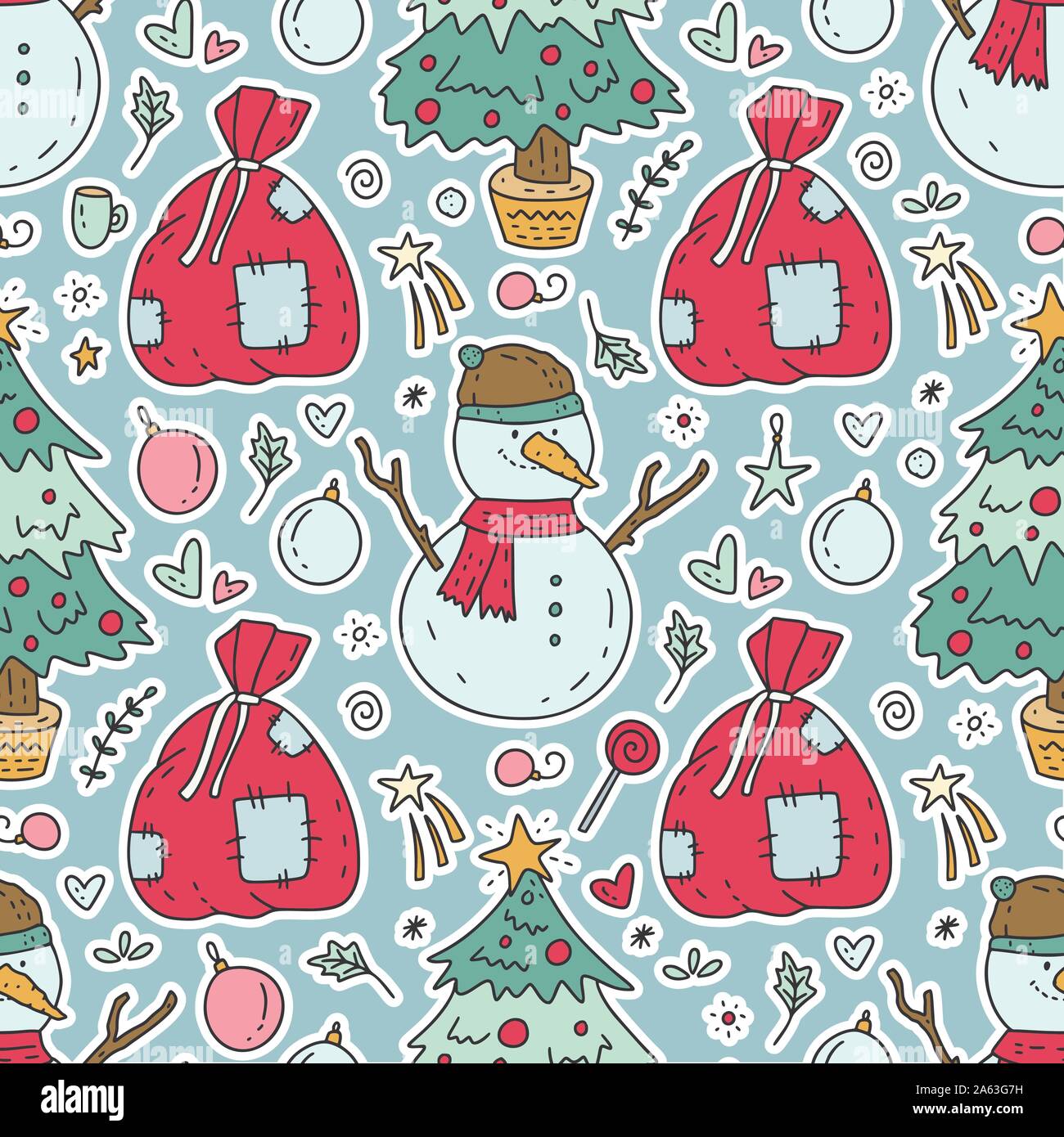 Inverno senza giunture vector pattern in disegnati a mano in stile scarabocchio. Babbi Natale Natale grande sacchetto rosso con presenta, Cartoon carino pupazzo di neve, abete e dolci caramelle. Illustrazione Vettoriale