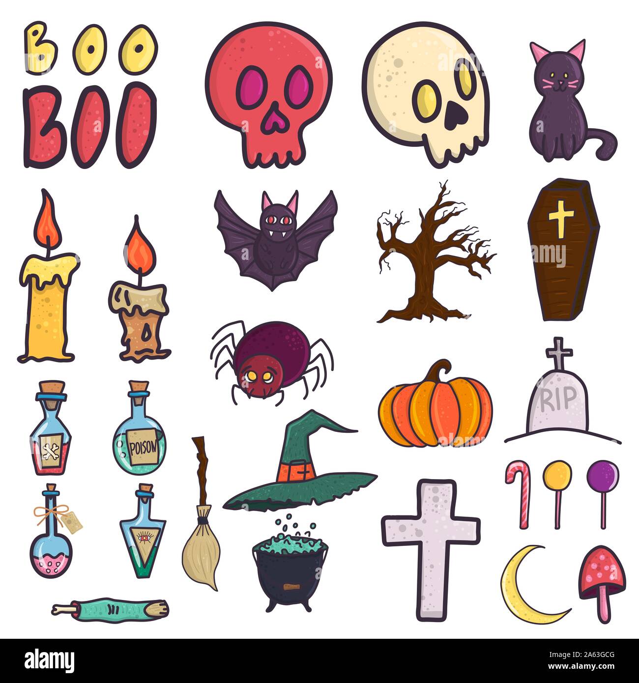 Doodle raccolta con grande set di halloween per party design. Strega hat, Cat bat, bottiglie di veleno, candela, zucca, cranio, candy, luna ecc. Illustrazione Vettoriale
