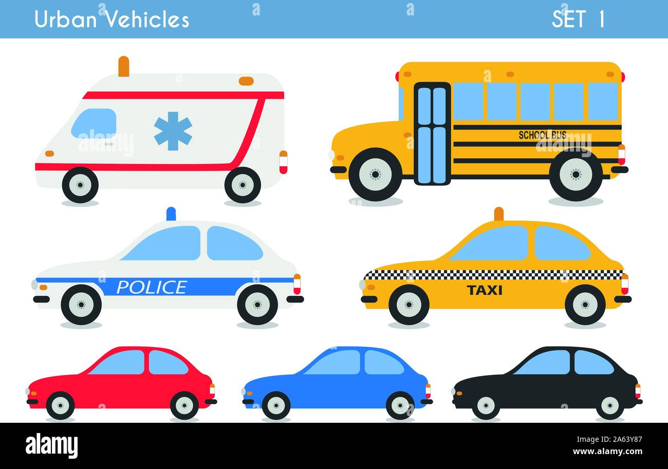 Set di veicoli urbani: automobili, ambulanza, taxi, scuola bus e auto della polizia. Illustrazione Vettoriale