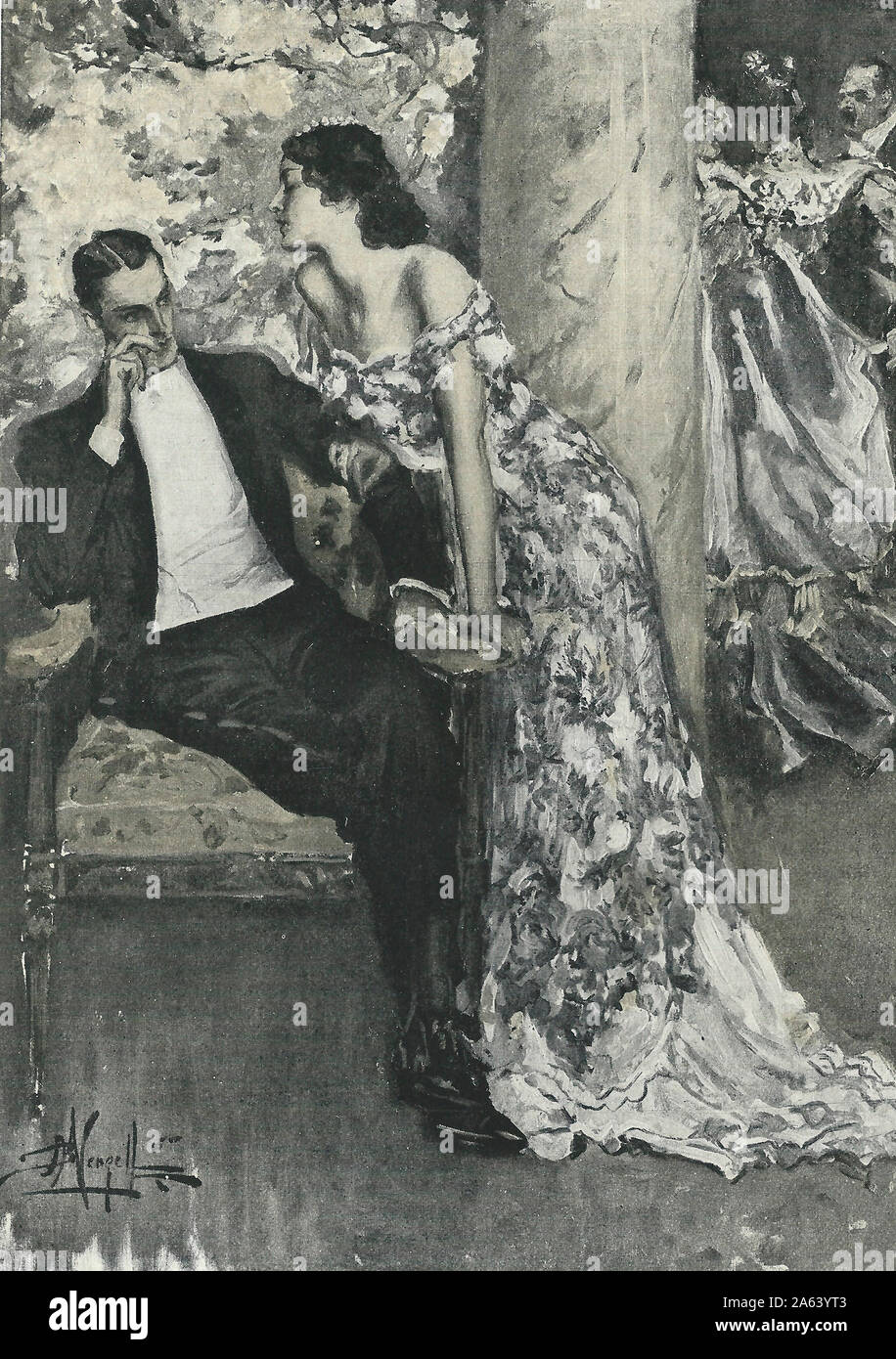 Una donna sussurra a sua data a un partito, circa 1906 Foto Stock