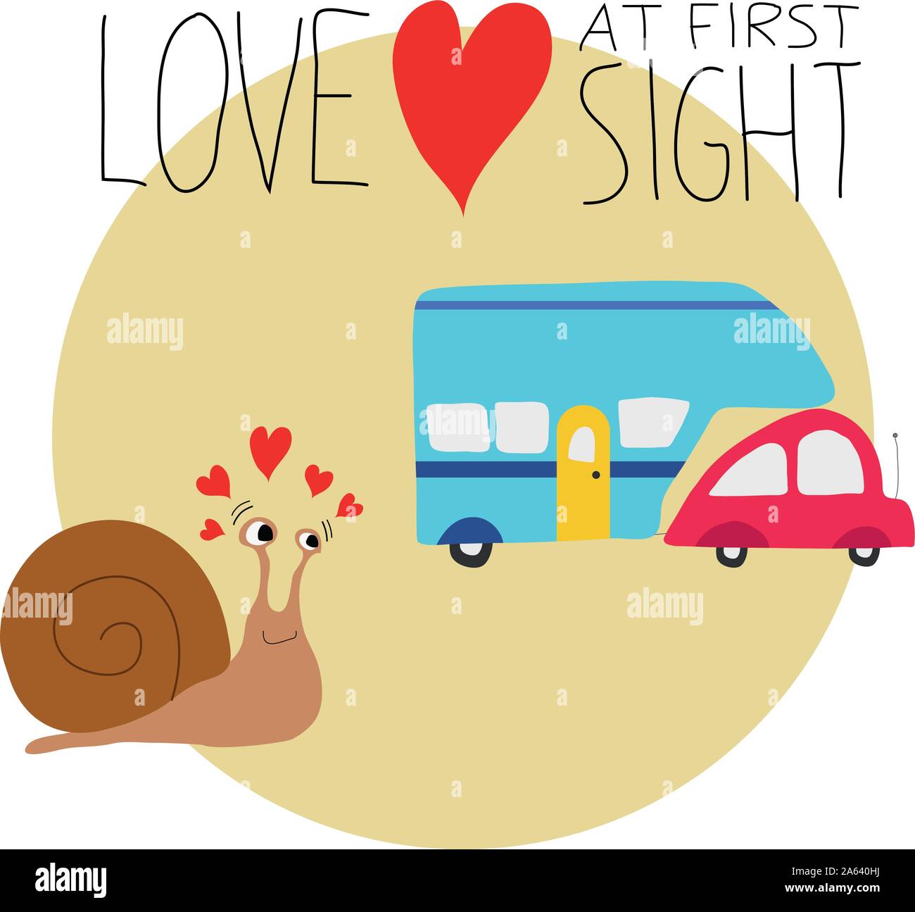 Illustrazione vettoriale di una lumaca innamorata di un'auto e di un rimorchio. Biglietto di auguri divertente San Valentino. Concetto di amore. Illustrazione Vettoriale