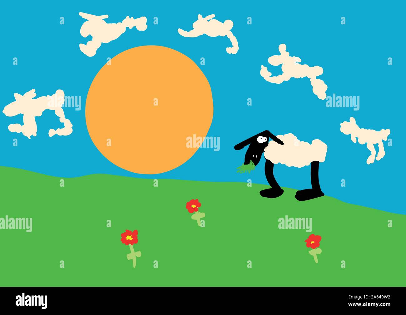 Bambino il disegno di una pecora sul prato Illustrazione Vettoriale