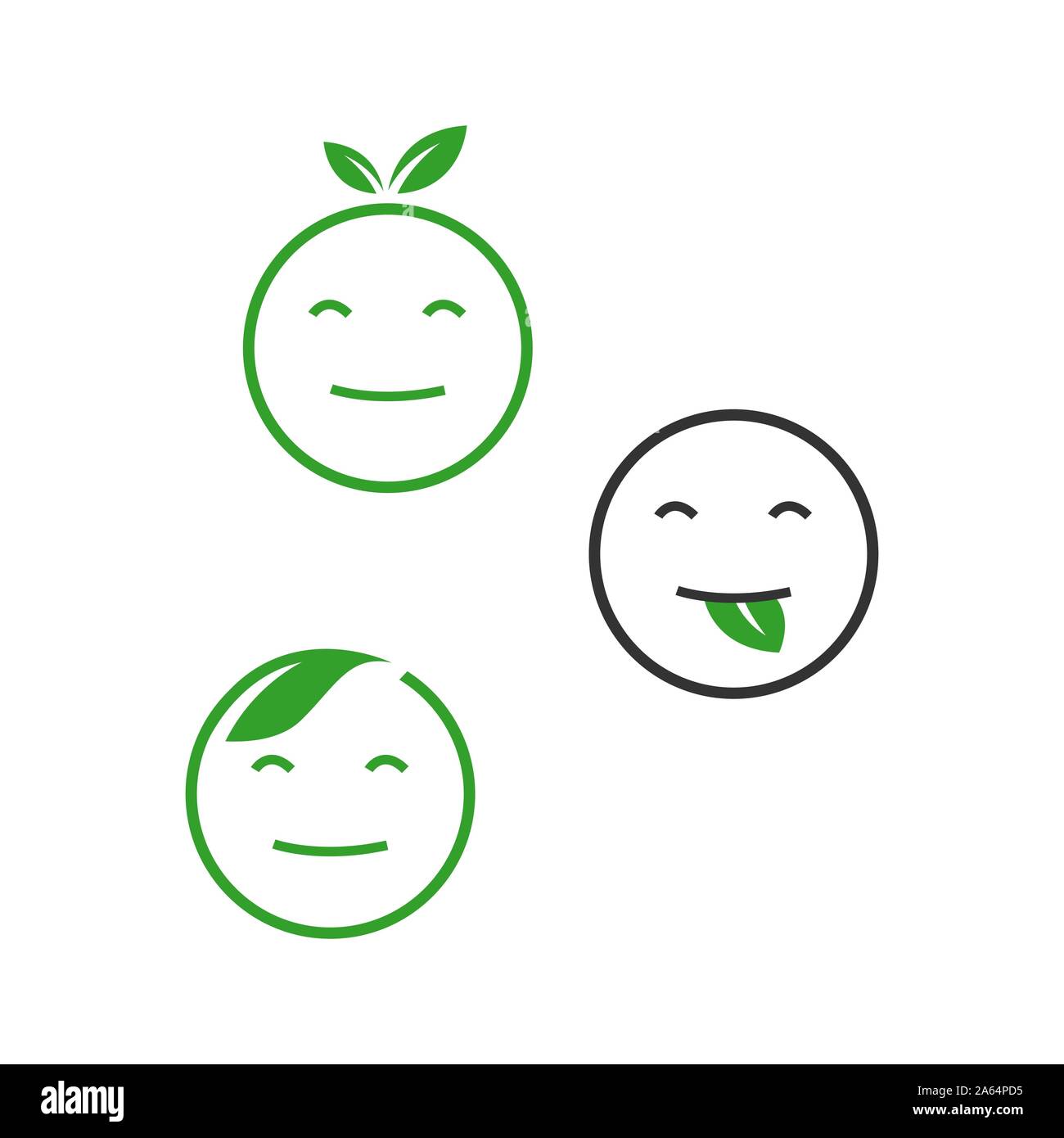 Eco green design emoticon icona vettore faccia sorridere e foglia illustrazione Illustrazione Vettoriale
