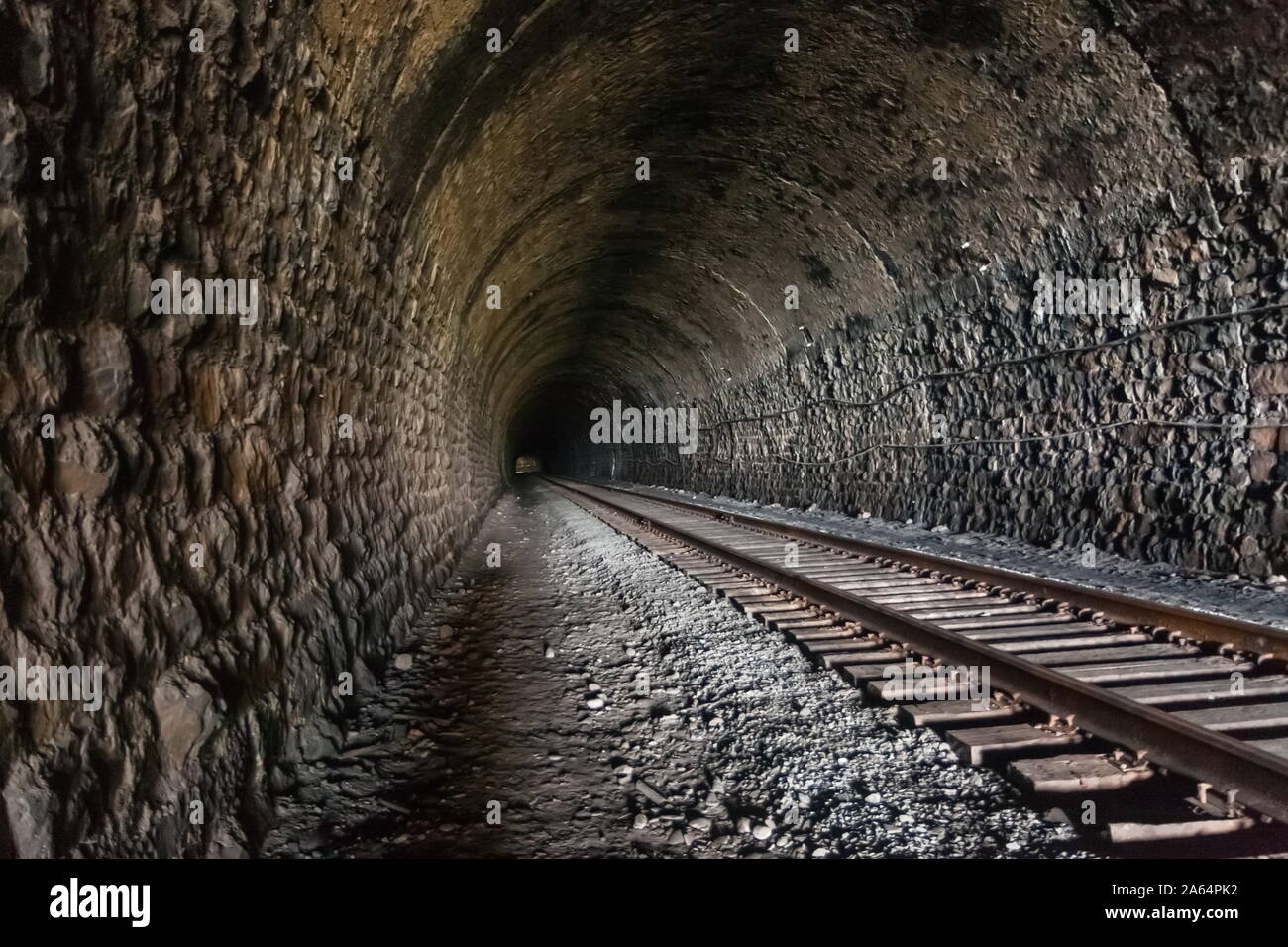 Lungo tunnel ferroviario con fili e guide che si estendono nella distanza Foto Stock Lungo tunnel ferroviario con fili e guide che si estendono nella distanza Foto Stock