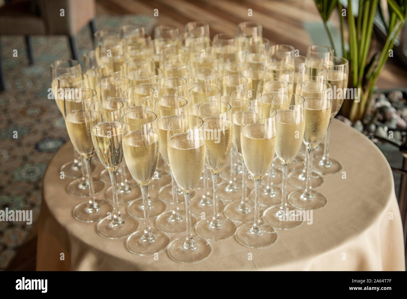 Un sacco di occhiali con lo champagne sul tavolo. Tavolo da Buffet con bicchieri di champagne. Occhiali con champagne. Foto Stock