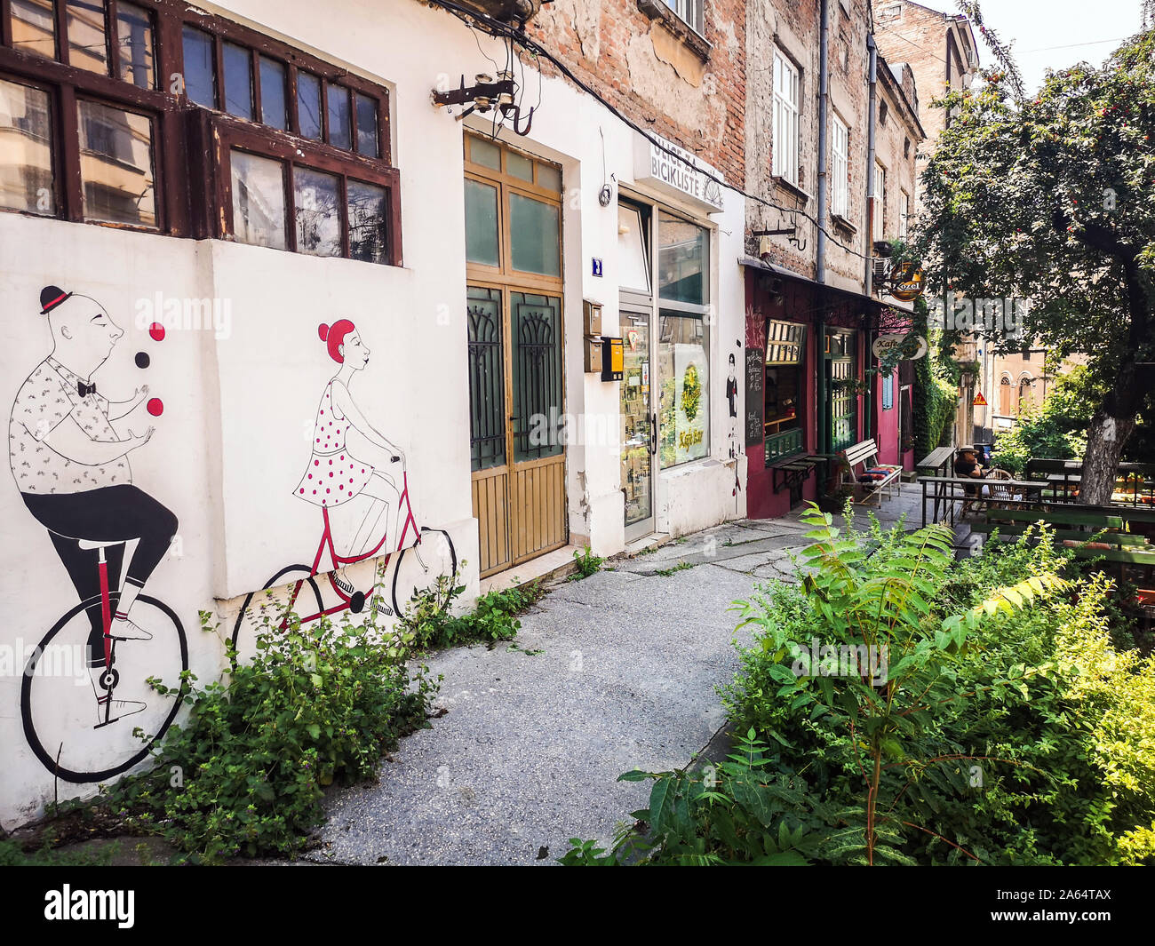 Bike murales sul quartiere Savamala a Belgrado Foto Stock