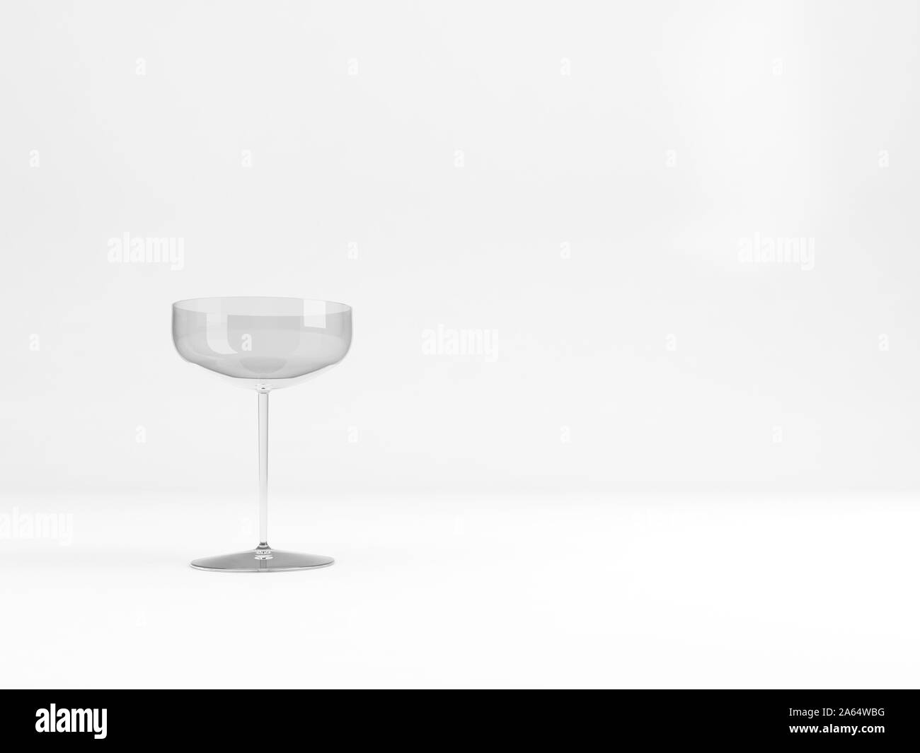 Svuotare vintage vino spumante flauto di vetro con una morbida ombra si erge su sfondo bianco, rendering 3D illustrazione Foto Stock