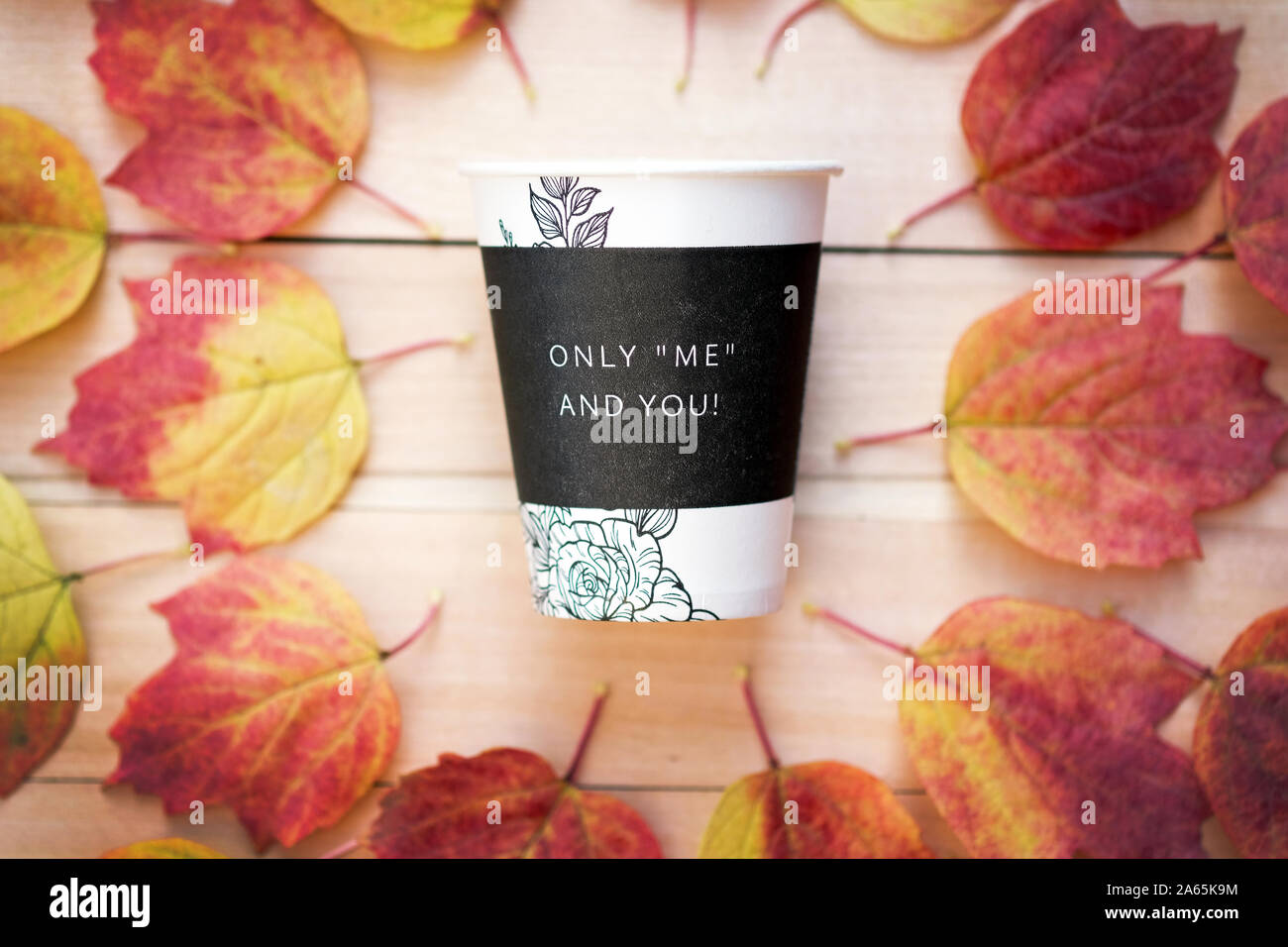 Bicchiere di carta con la scritta in inglese " solo me e te' su uno sfondo di foglie. Foglie di autunno intorno a un bicchiere di caffè su un sfondo di legno. Foto Stock