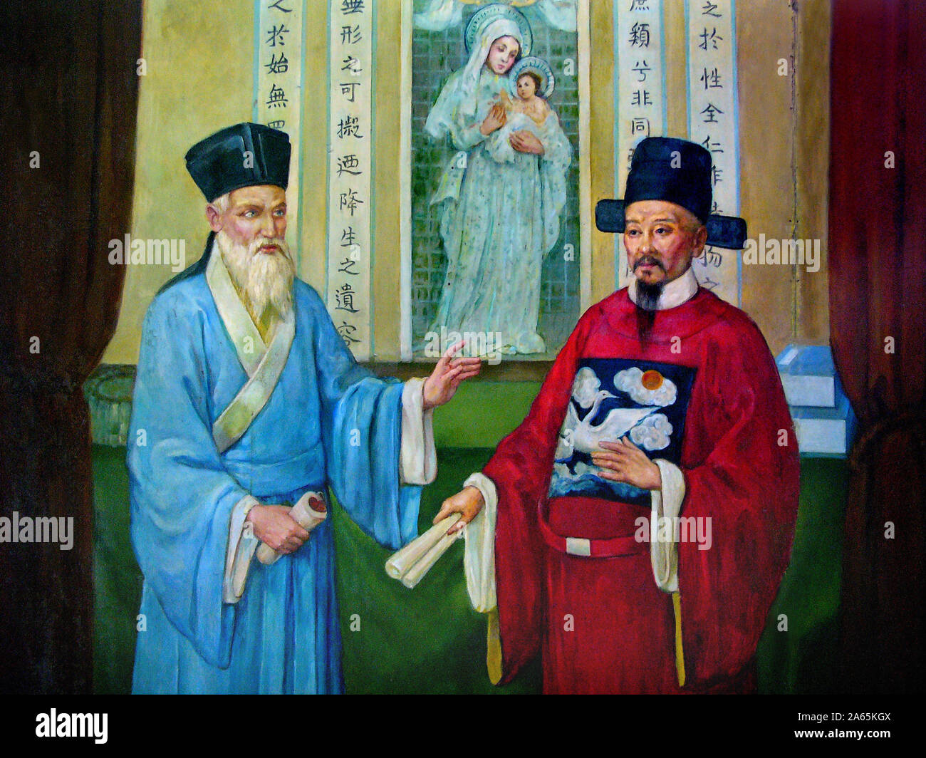 Le missionnaire gesuita Matteo Ricci (1552-1610) et le lettré Xu Guangqi (1562-1633), battezzare en 1603, peinture, la cattedrale di Sant Ignazio di Loyola de Shanghai Foto Stock