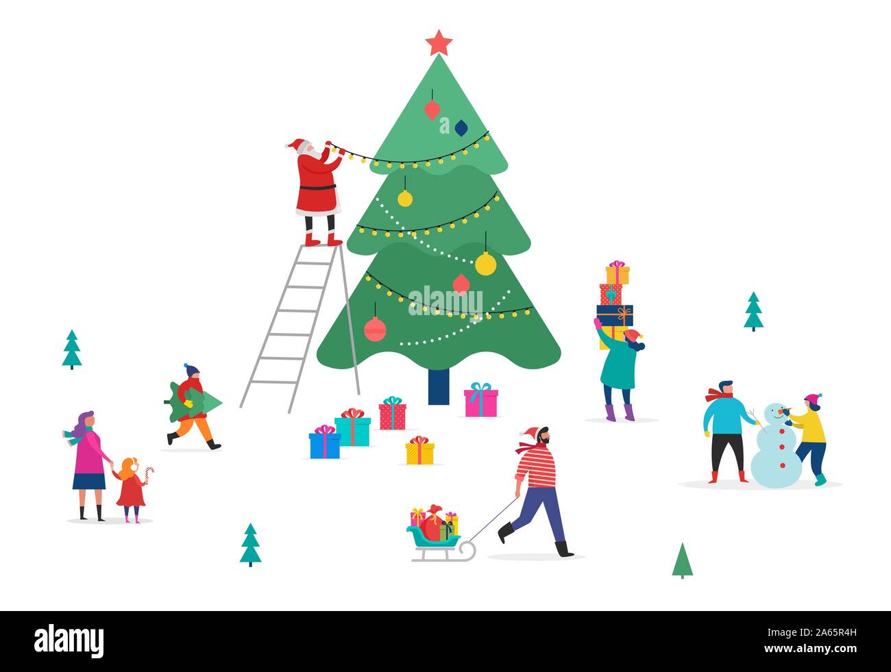 Buon Natale, scena invernale con un grande albero di Natale e piccoli, giovani uomini e donne, famiglie avendo divertimento nella neve Illustrazione Vettoriale