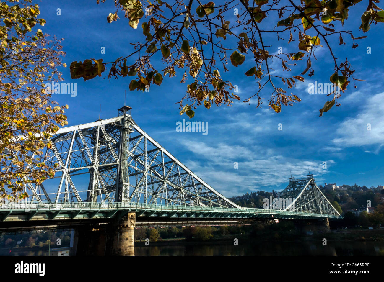 Dresden Blue Wonder Bridge o Loschwitzer ponte sul fiume Elba, ponte di Dresda Germania Foto Stock