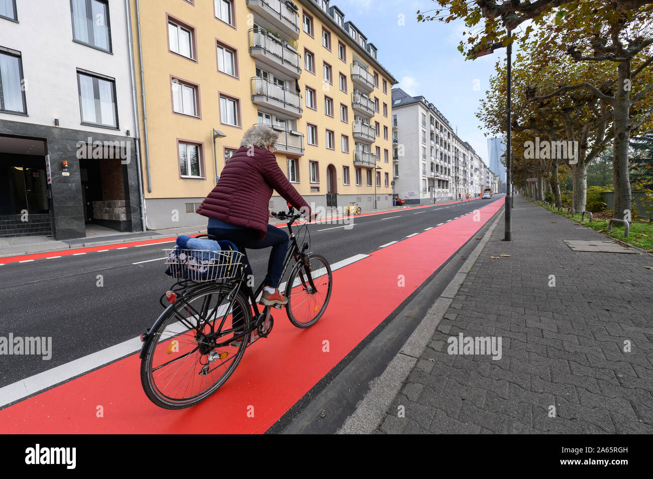 24 ottobre 2019, Assia, Frankfurt/Main: una donna corse una bicicletta su un rosso contrassegnato con pista ciclabile lungo la strada 'Schöne Aussicht'. Il consiglio della città ha deciso di rendere Francoforte una bicicletta città. Foto: Sila Stein/dpa Foto Stock