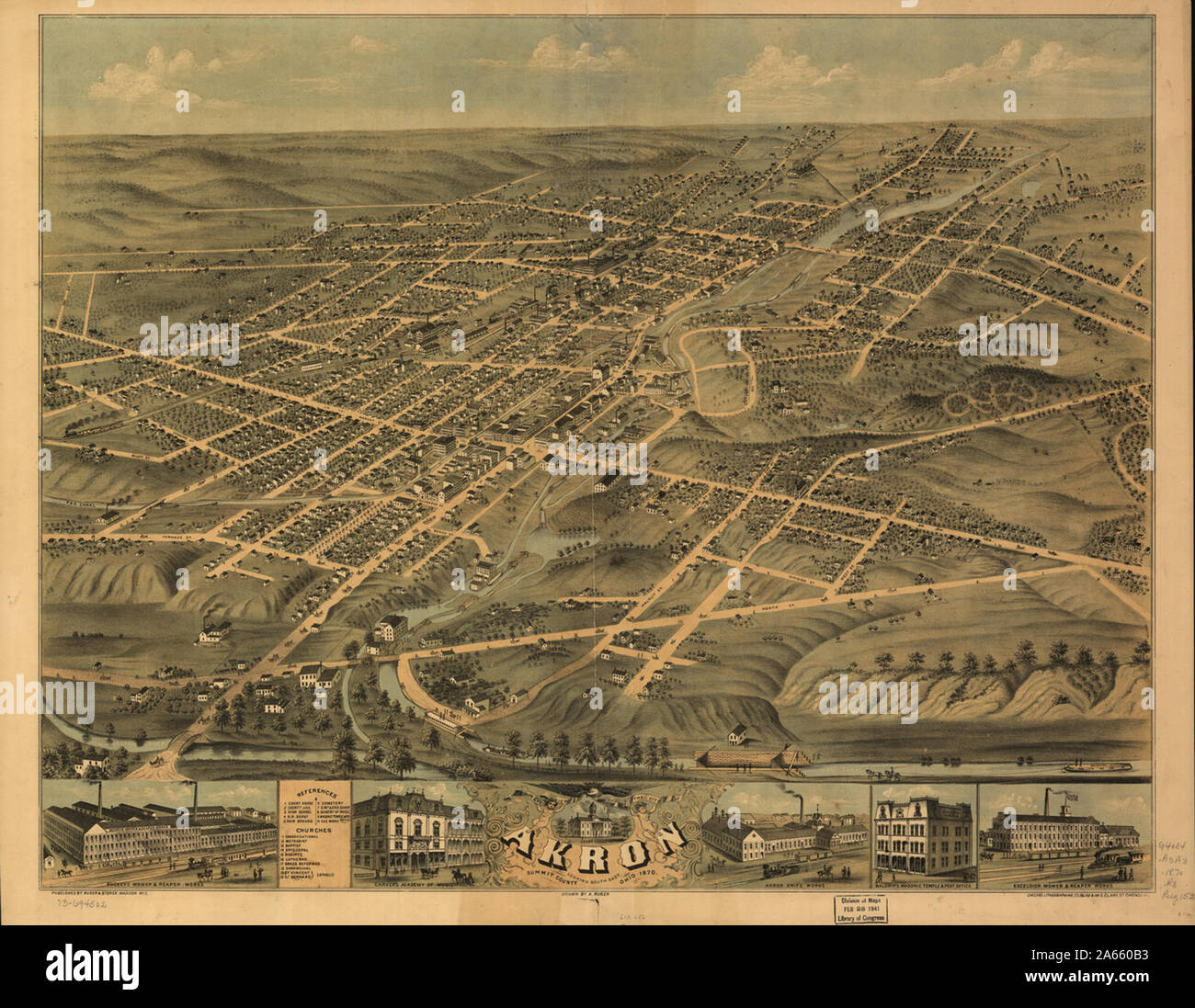Vista panoramica della città di Akron, Summit County, Ohio, 1870 Foto Stock