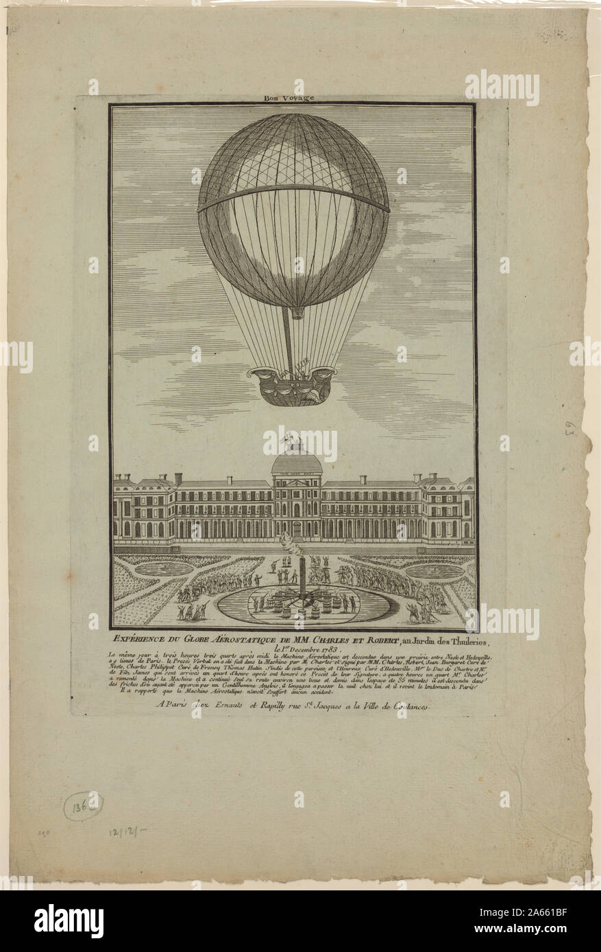 Éxperience du globe ae̋rostatique du MM. Charles et Robert, Au Jardin des Thuileries le 1er decembre 1783; stampa mostra Jacques Alexandre César Charles e Robert Marie-Noël equitazione in gondola di un palloncino ascendenti dal Giardino delle Tuileries, Parigi, Francia, 1 dicembre 1783 nel primo palloncino di idrogeno volo. (Fonte: A.G. Renstrom, LC personale, 1981-1982.); Foto Stock