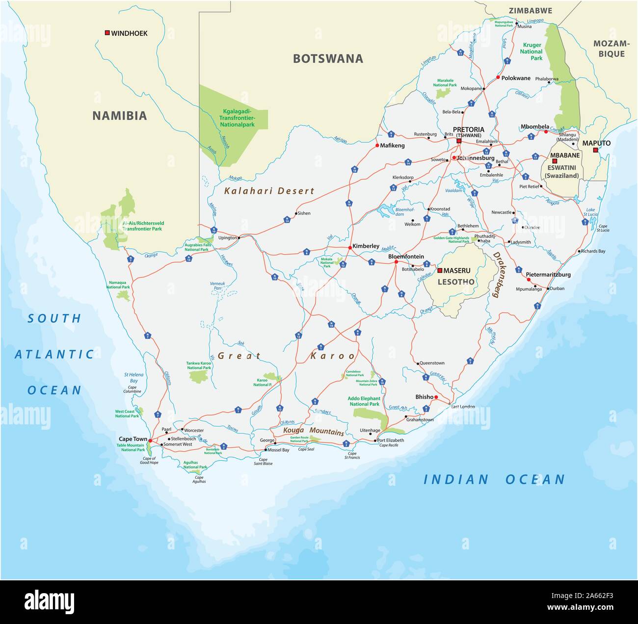 Sud Africa road e il Parco Nazionale di mappa Illustrazione Vettoriale