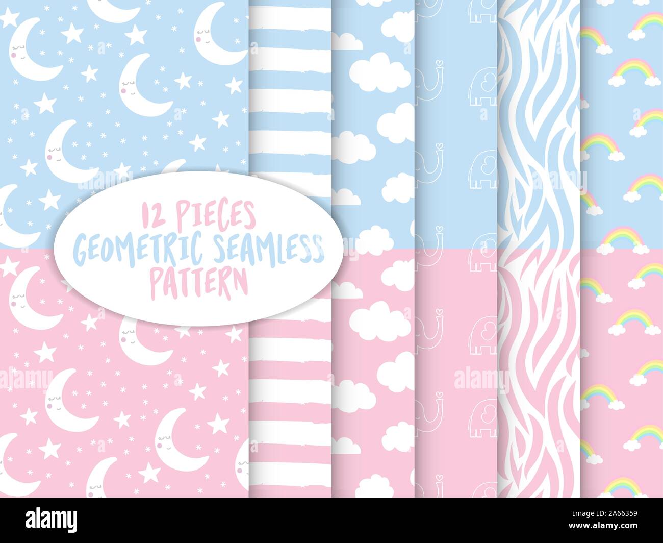 Bella carta da parati bambino per i ragazzi e le ragazze del bambino - design pattern per bambini nursery - funny disegnati a mano doodle, seamless pattern. 12 pezzi grandi bundle. Illustrazione Vettoriale