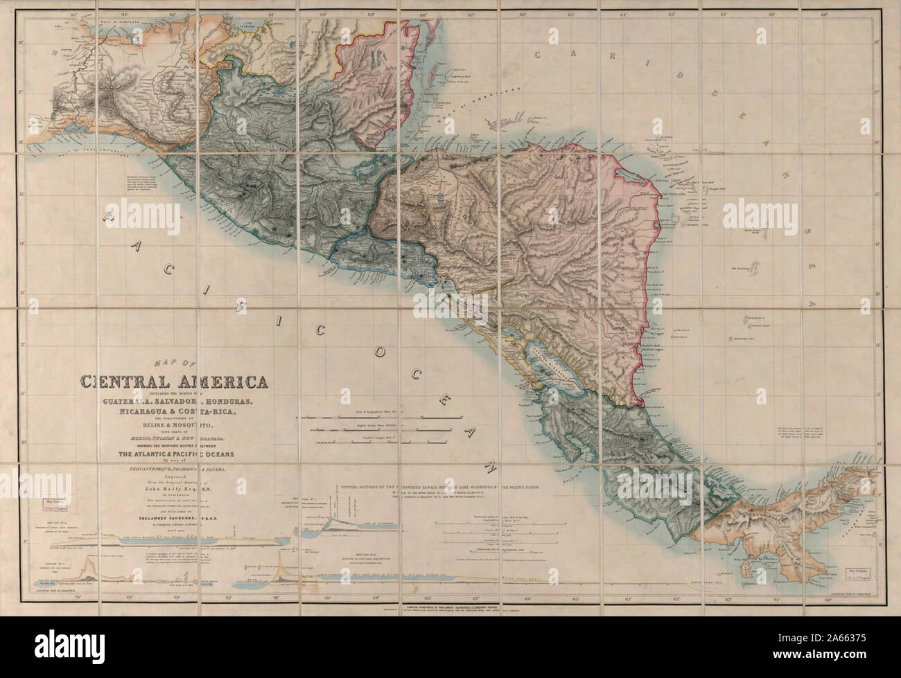 Mappa di America Centrale compresi i membri del Guatemala, Salvador, Honduras, Nicaragua e Costa Rica, i territori di Belise e zanzara, con parti del Messico, Yucatan e Nuova Granada Foto Stock