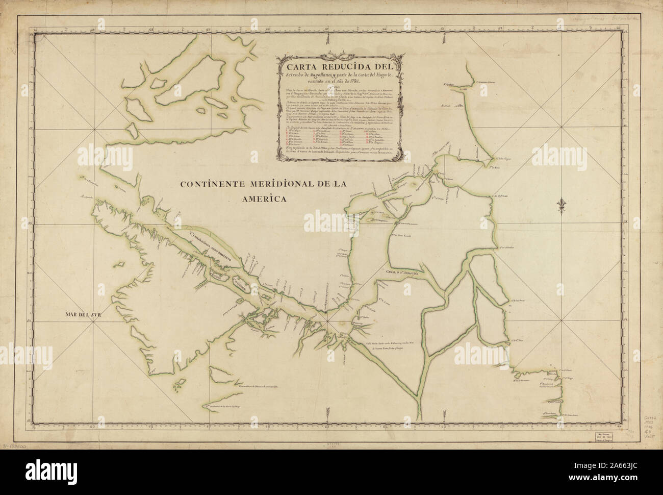 Mappa dello Stretto di Magellano e parte della Terra del Fuoco, preparato nel 1786 Foto Stock