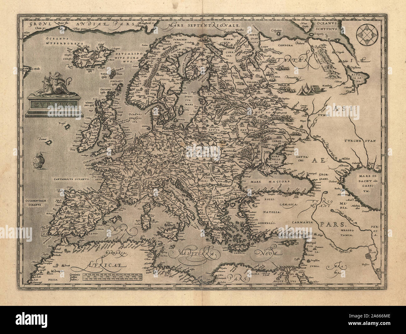 Mappa, Evropae, Abraham Ortelius (1527-1598), stampa di calcografia Foto Stock