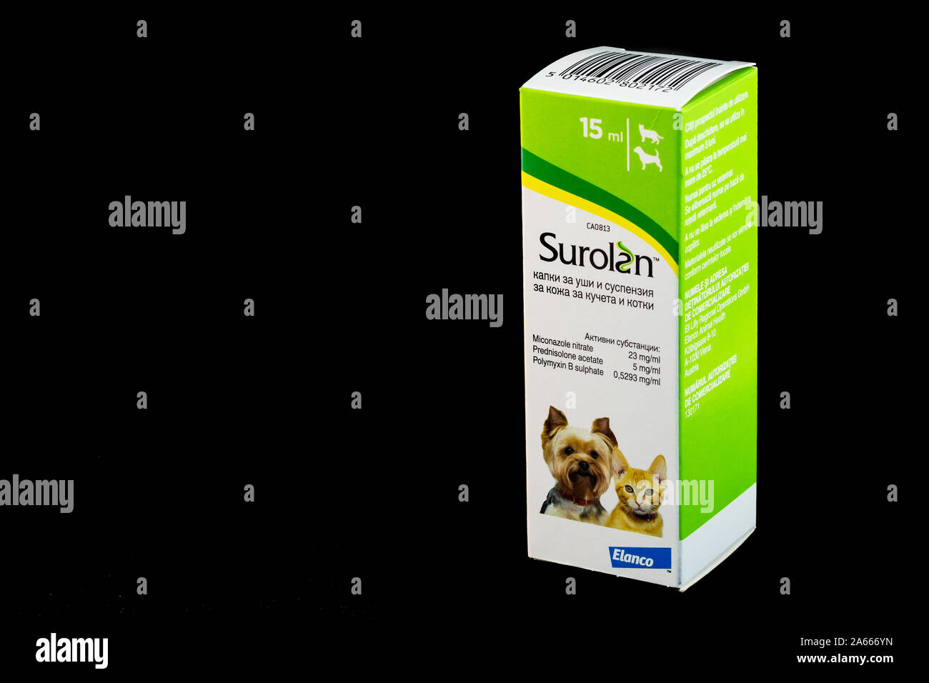 Cluj-Napoca/Romania-10 24 2019: Surolan otica sospensione è utilizzato per il trattamento dell'otite esterna nei cani e gatti Foto Stock